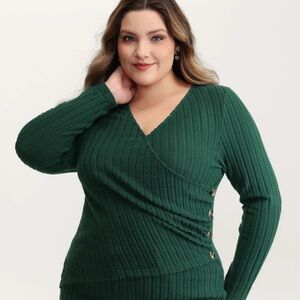 BloomChic Dark Green Textured Wrap Button Detail Knit Top